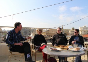 Meeting with Dr. Chen Yechezkeli on the roof terrace of the Old Jaffa Hostel in Tel Aviv. Photo: AKDLD