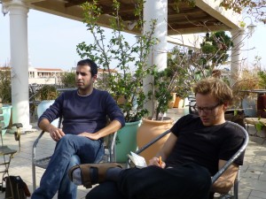 Meeting with Adi Sofer (left) on the roof terrace of the Old Jaffa Hostel in Tel Aviv. Photo: PS